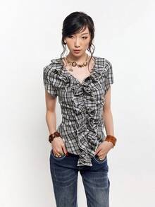 Retro Plaid Print Ruffle Hem Stretchy Fitted Blouse - Grey - View 3