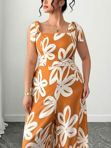 Elenzga Bộ jumpsuit in hoa màu vàng, phong cách thời trang mùa xuân hè, thoải mái, kiểu Pháp cổ điển, thanh lịch, thích hợp đi làm, thắt nơ eo. - Màu vàng - Xem 5