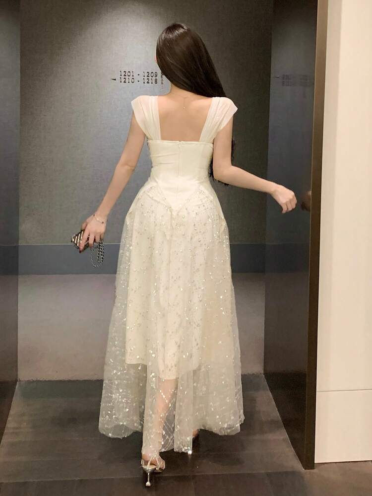 Tall Women's Elongated Sequin Mesh Dress, Elegant Evening Gown Summer Dress Sundress
