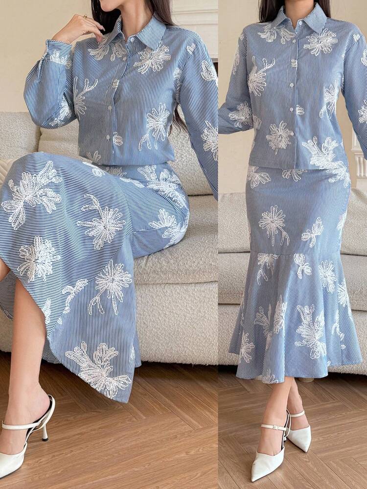 Women's Elegant Striped Floral Print Blouse And Fishtail Skirt 2-Piece Set, Spring/Summer,Wedding Guest Dress Women