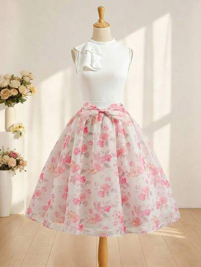 女童优雅两件套：白色高领无袖上衣，饰有珍珠；印花雪纺半身裙，腰间系有蝴蝶结，适合春夏日常外出、派对和各种活动。