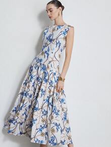 Aveloria Modichic Vestido sin mangas con estampado de cadena azul y dorado de elementos oceánicos, elegante francés versátil para ir al trabajo, diseño minimalista de empalme con bajo plisado - Multicolor - Ver 3