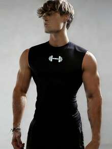 GymBeat Camiseta de tirantes deportiva con estampado de barra para hombres en verano - Negro - Ver 1