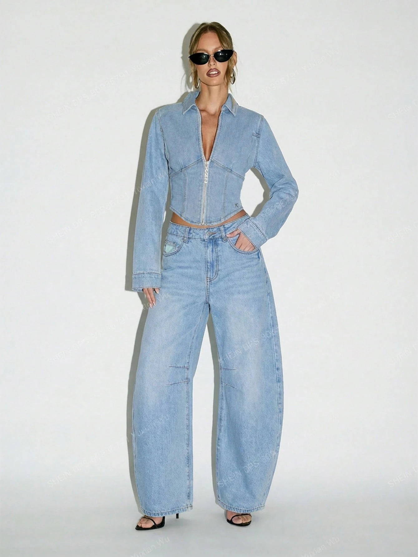 KIZN Kurtka jeansowa z krótkim zamkiem z przodu i kołnierzem