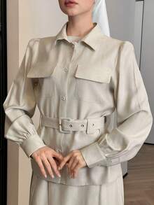 DAZY Women's Casual White Pocket Petal Sleeve Belted Shirt, Spring - Beige - View 4