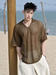 DAZY 男士棕色镂空领度假风 Polo 衫，夏季款 - 棕色 - 查看 4