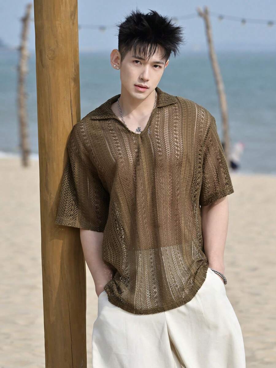 DAZY Áo polo nam màu nâu cổ bẻ, chất liệu vải khoét lỗ, kiểu dáng nghỉ mát, thích hợp cho mùa hè. - màu nâu - Xem 1