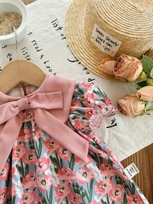 SHEIN Đầm liền thân cho bé sơ sinh, kiểu dáng đơn giản, rộng rãi, họa tiết hoạt hình, cổ tròn, tay ngắn, hoàn hảo cho mùa hè. - màu đen - Xem 6