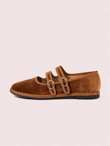 CUCCOO DOLLMOD Sepatu Wanita Klasik Cokelat dan Kuning Garis Ganda Beludru Model Datar - Coklat - View 7