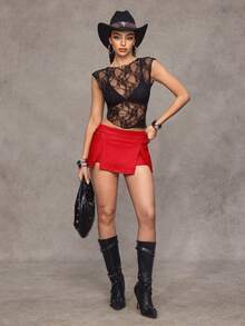 Flirla Women's Y2K Fashion Sexy Slit Washed Coated Mini Skirt, Summer - Red - View 6