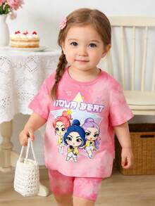 2pcs/Set Baby Girl Casual Fashionable K-POP Cartoon Girl Pentagram Tie-Dye Tie Dye Short Sleeve Knit T-Shirt And Matching Tie-Dye Shorts Set, Comfortable For Daily And Holiday Wear - Multicolor - View 4