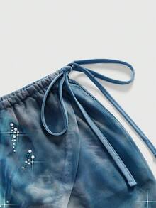 ROMWE Avant Spring/Summer Ultra Low Waist Drawstring Shell Sequin Mesh Print Mini Skirt - Blue - View 3