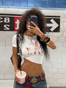 StreetHx 女士夏季露脐短袖T恤，西部牛仔马提尼鸡尾酒Y2K露脐短袖白色婴儿T恤 - 白色 - 查看 3