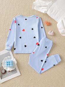 2pcs Girls Cute Cat & Heart Glow-In-The-Dark Print Snug Fit Pajama Set, Long Sleeve Top And Pants - Multicolor - View 2