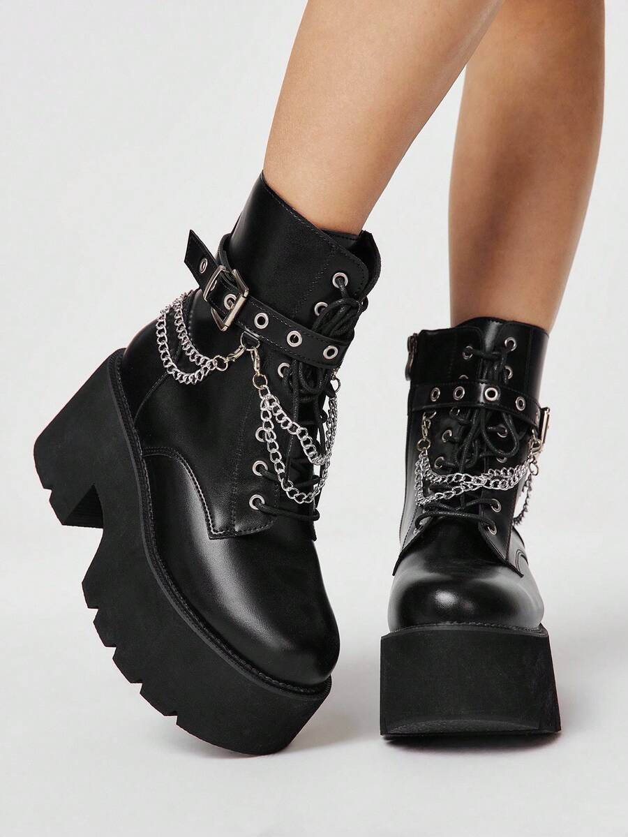 ROMWE Grunge Punk Giày bốt cổ ngắn đế cao buộc dây phong cách punk đường phố dành cho nữ, mang hơi hướng thẩm mỹ tối màu, gợi cảm và cá tính với dây xích kim loại có khóa điều chỉnh, khóa kéo bên hông tiện lợi, hoàn hảo cho các câu lạc bộ đêm, lễ hội, tiệc tùng và các lễ hội âm nhạc. - màu đen - Xem 1