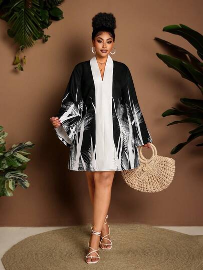 Maweii Plus Size Women's New Vacation Casual Outing Dress, Colorblock Printed High-End Versatile Dress For Holiday Celebration, Daily Commute