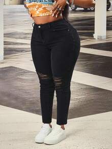 Jeanoix Y2K 大码时尚休闲百搭修身做旧弹力水洗牛仔裤 - 黑色 - 查看 1
