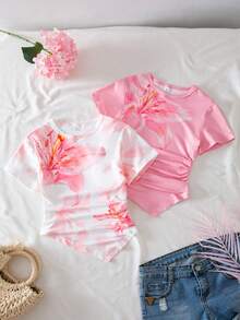 Sparklyn 3pcs Girls' Crew Neck Short Sleeve Fitted Asymmetrical Hem T-Shirts, Black, White, Leopard Print, Casual Summer Tops - Pink - View 1