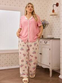 CottageSlumber Plus Size Solid Color Short Sleeve Top&Pink Floral Print Pants Pajama Set,Contrast Decor 2 Piece Sleepwear For Summer,Family Matching Pajama Set - Pink - View 5