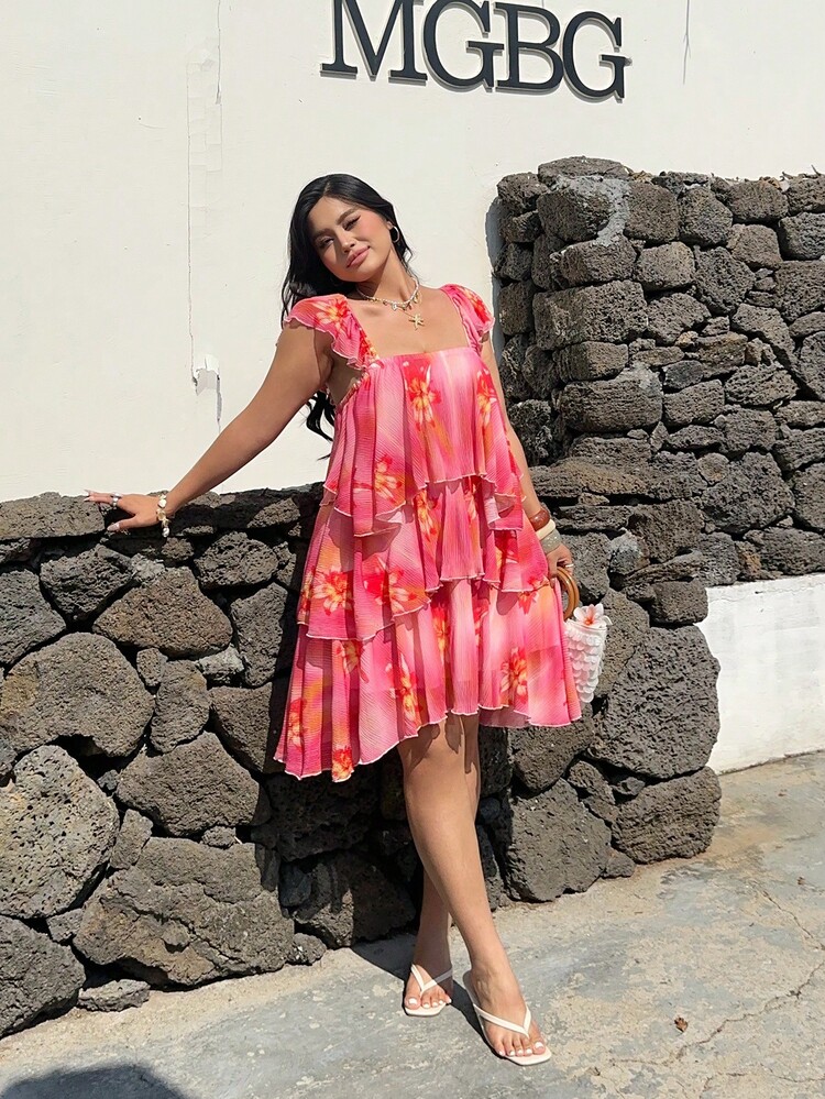 Sunnyshic 度假沙滩褶皱印花短款蛋糕裙 - 彩色 - 查看 4