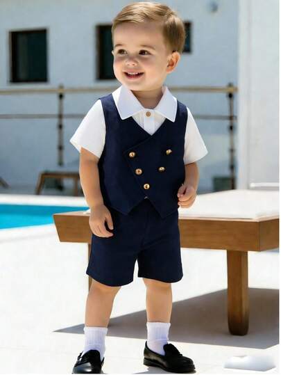 SHEIN 两件套绅士风藏蓝色马甲外套和松紧腰短裤套装，适合生日派对、晚宴、演出、婚礼季、婴儿派对、洗礼、一周岁生日庆祝等场合。