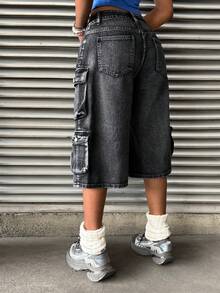 StreetHx 女士休闲街头水洗翻盖口袋直筒牛仔短裤，夏季 - 黑色 - 查看 2