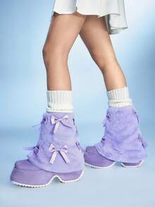 Sugerpunk Giày bốt nữ đế dày, trang trí nơ, phối nhiều mảnh vải, cao đến giữa bắp chân, chất liệu lông xù. - Màu tím - Xem 4