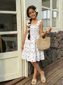 Elladie kids 女童碎花度假连衣裙，甜美粉白拼接，精致荷叶袖，适合4-7岁女童，非常适合度假、海滩、日常穿着，春夏皆宜。 - 白色 - 查看 9