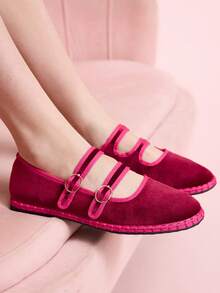 CUCCOO DOLLMOD 女士经典酒红色双条纹丝绒平底鞋 - 酒紅色 - 查看 1
