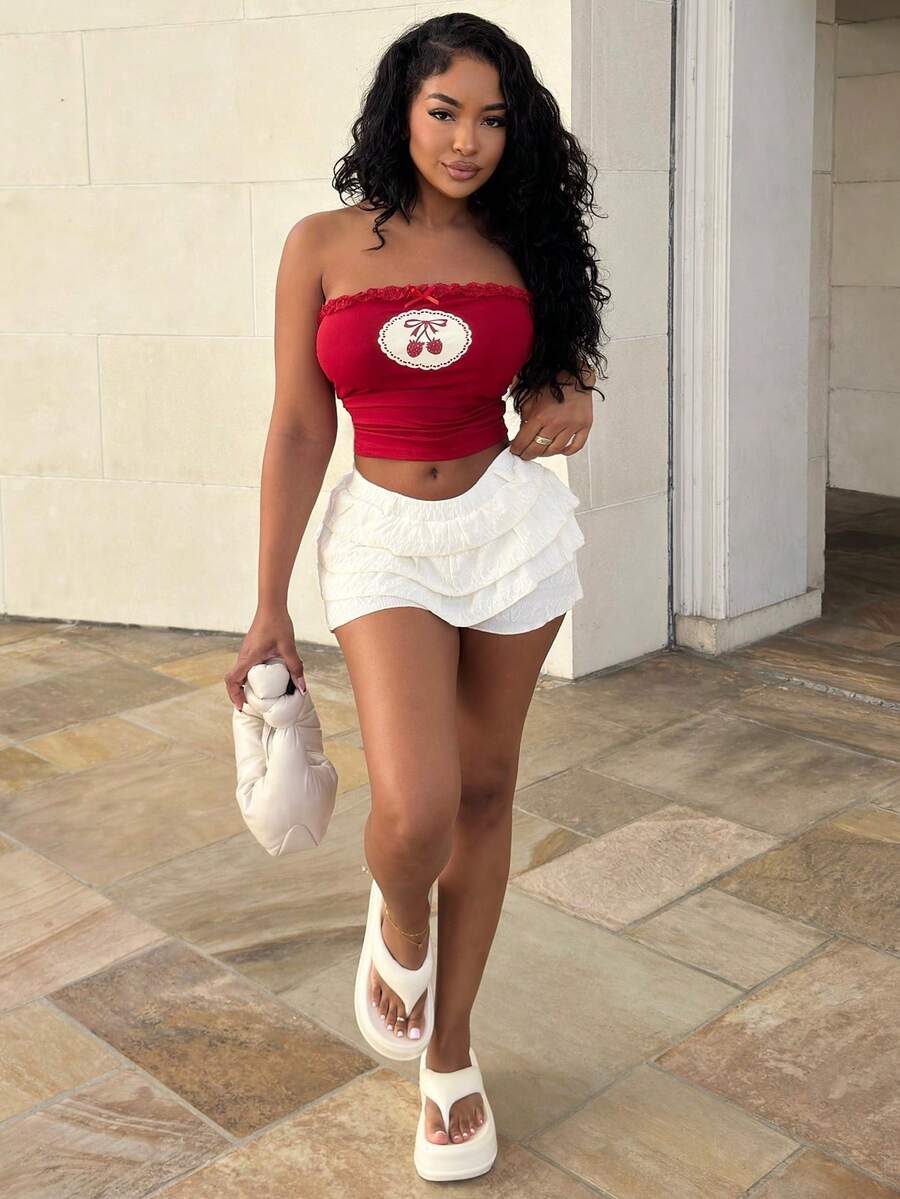 Alexandranx 夏季休闲樱桃印花抹胸 Y2K 图案 T 恤女式上衣、Rave 上衣、抹胸 - 紅色 - 查看 1