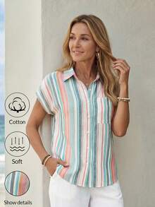 EMERY ROSE Striped Button Front Summer Women Shirts With Patch Pockets - Pink - View 2