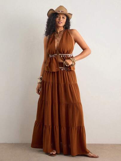 Freevana Plus Size Women Summer Sexy Beach Vacation Sequin Splice Halter Backless Top And Tiered Hem Skirt 2 Pieces Set Boho Country Style Western Style Island Vacation Beach Vacation Going-Out Outfit Skirt And Top Set Rave Outfits Festival, Summer Outfits Boho Long Dress Brown Tiered Dress Rustic Brown Maxi Dress Tiered Maxi Dress