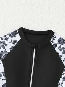 SHEIN 女童长袖印花连体泳衣，适合水疗中心、度假村和海滩穿着。 - 黑色 - 查看 5