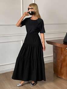 DAZY 女士夏季圆领短袖收腰优雅都市休闲连衣裙 - 黑色 - 查看 4