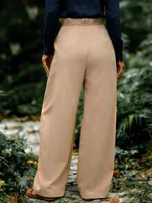 Linavere Women's Solid Color Pleated Pocket Casual Versatile Wide Leg Pants For Daily Wear - Khaki - View 2