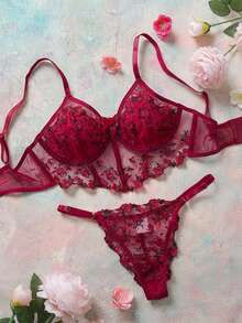 Ladies' Flowers Embroidery Mesh Bra & Panty Lingerie Set Bridallingerie - Red - View 1