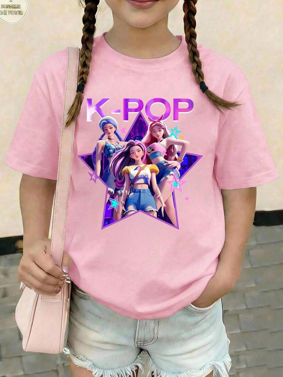 Camiseta de manga corta con cuello redondo y estampado de letras y personajes de dibujos animados para niñas preadolescentes - Rosa - Ver 1