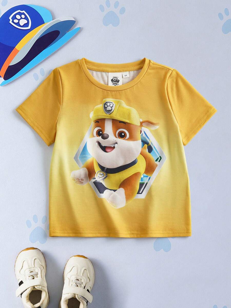 SHEIN | PAW Patrol Young Boys' Cute Cartoon 3D Puppy Chase Print Ombre Blue Loose Fit Round Neck Short Sleeve T-Shirt - Yellow - View 1