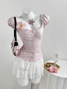 Elamini Women's Light Pink Striped Petal Sleeve Fitted Shirt,1960s Vintage Summer Tea Party Corset Tops And Blouses,Sweet Short Sleeve Shirts For Women - Pink - View 5