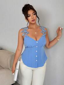 Elenzga Plus Size Women's V-Neck Tie-Waist Lace Strap Blouse, Elegant For Urban Commute, Vacation, And Dates, Spring/Summer - Blue - View 4