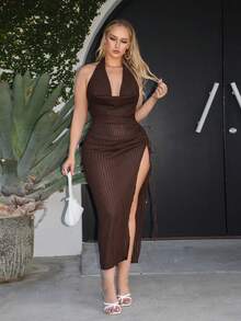 Roveilla Plus Size Elegant Side Drawstring Slit Halter Backless Dress, Summer - Brown - View 5