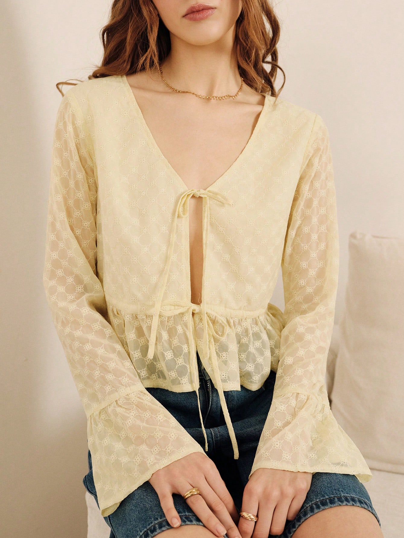 Butter Yellow Embroidered Tie Front Blouse Spring Summer Vacation French Style Parisian Style Resort