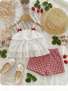 Conjunto de top de tirantes con volantes y shorts a cuadros para niña, estilo lindo de vacaciones de verano - Multicolor - Ver 8