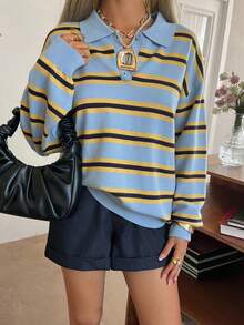 Livesso Suéter de cuello alto a rayas de estilo retro para mujer en otoño - Amarillo - Ver 3