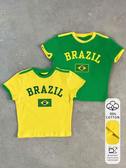 Glimmora 2 piezas Camiseta corta de mujer con bloqueo de color, estampado gráfico y letra de Brasil