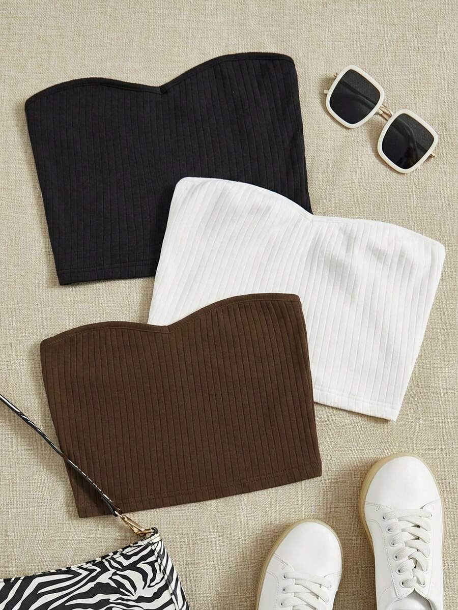 SHEIN EZwear 3件套女士休闲针织吊带背心,夏季抹胸罗纹上衣可爱抹胸套装针织上衣罗纹上衣女士罗纹抹胸,夏季上衣女士夏季服装针织上衣 - 彩色 - 查看 1