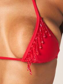 MISSGUIDED Beaded Triangle Bikini Top With Sequin Fringe Detail Halter Neck Swimwear For Beach Vacation Summer Pool Party - Red - View 6