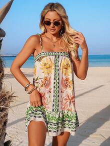 Swim Oasis Đầm ngắn phong cách boho họa tiết hoa retro nhiều màu sắc dành cho nữ, thích hợp cho kỳ nghỉ xuân/hè 2026. - Nhiều màu - Xem 5