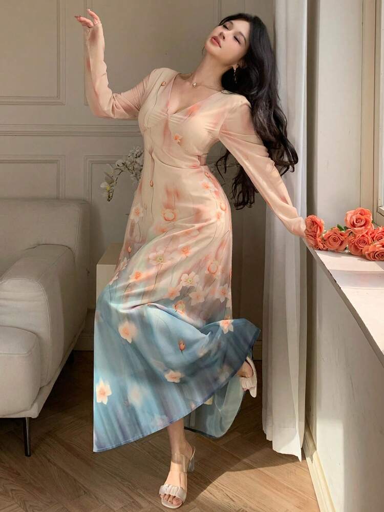 Women's V-Neck Floral Print Tie-Waist Ombre Elegant Dress Maxi Dress Sundress