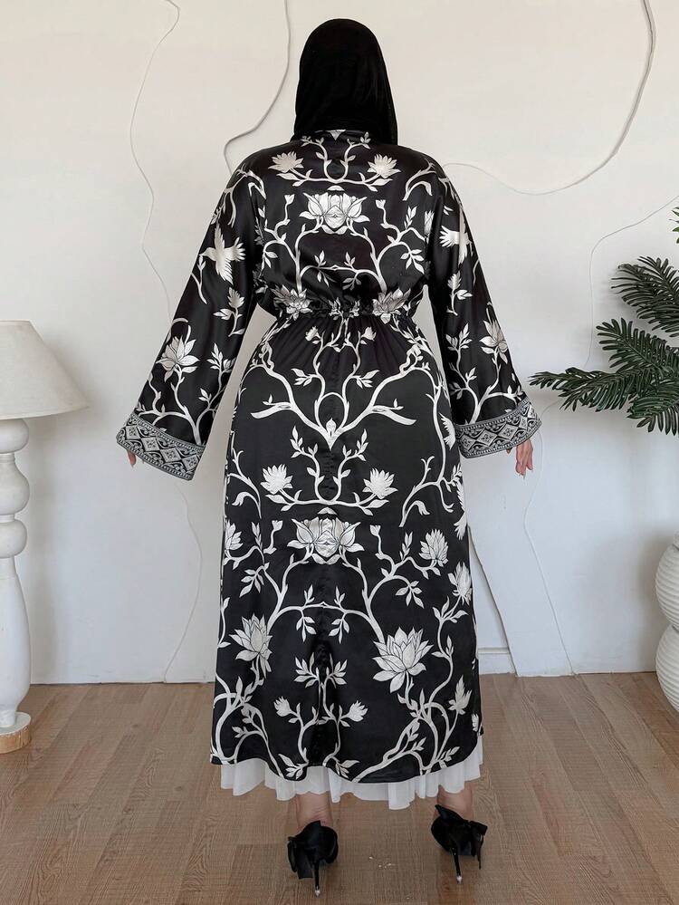 Dazy Plus Plus Size Floral & Bird Print Pattern V-Neck Flare Sleeve Drawstring Waist Elegant Maxi Dress, Sundress